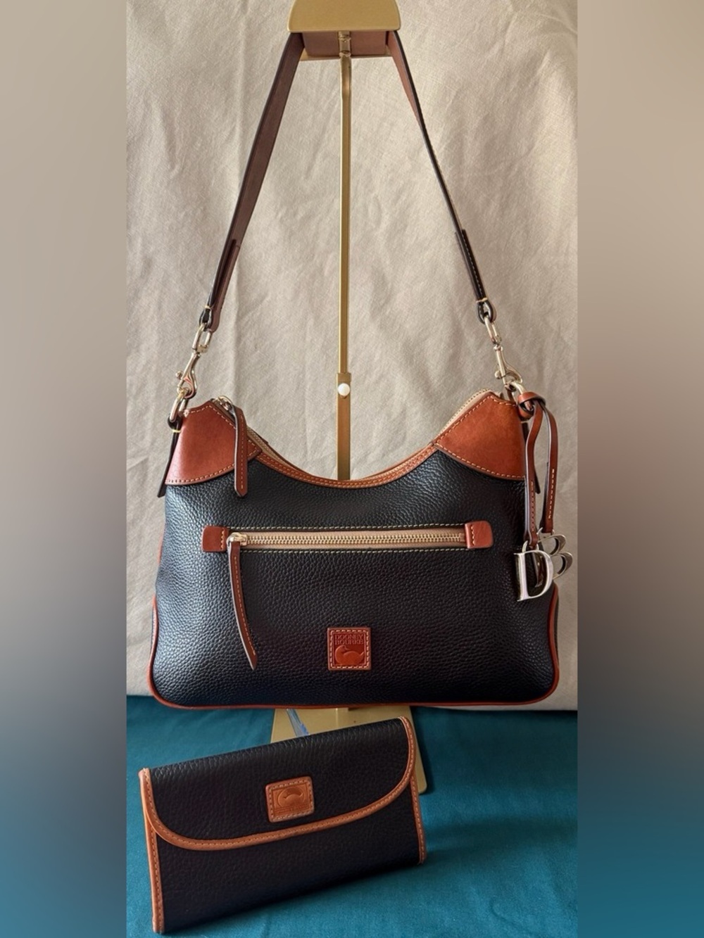 Dooney & Bourke Black with Brown Trim Pebbled Leather Shoulder Bag & Wallet